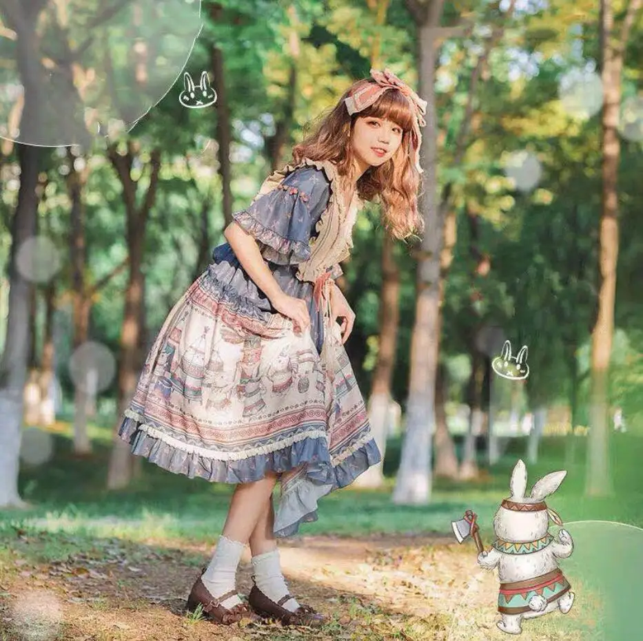 NONSAR Classical Lolita Dress Indian Rabbit Original Summer Short Sleeve OP Pastoral Style For Girl | Женская одежда