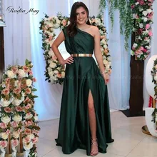 Дубай одно плечо изумрудно зеленое атласное вечернее платье с разрезом золотой пояс арабское выпускное платье желтый бордовый женские Формальные платья