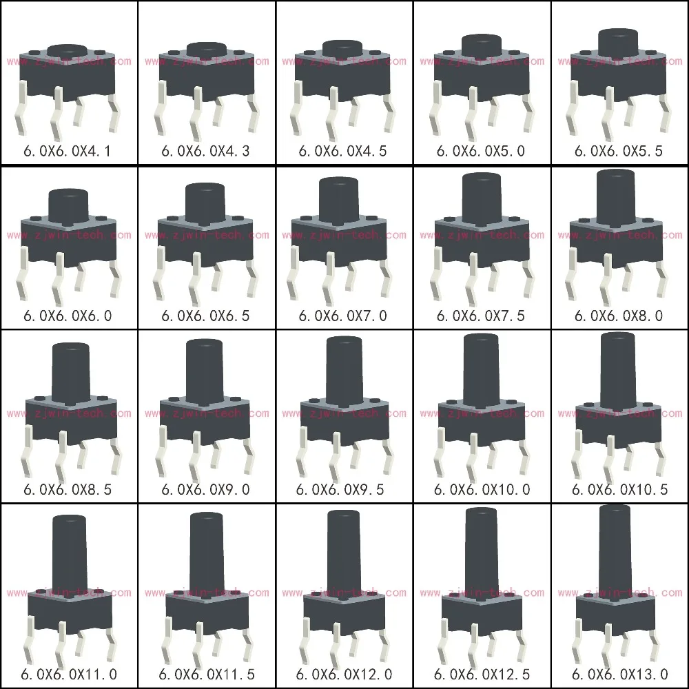 Тактовый переключатель 6x6x5/4 3/6/7/8/9/10/13 мм 12 В медный 4-контактный
