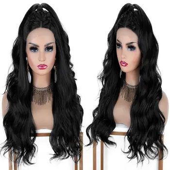 

Black Body Wave Synthetic 13*3 Lace Front Wig Hand Tied Heat Resistant Fiber Hair Natural Hairline Middle Parting For Women Wigs