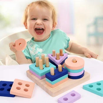 

Puzzle early education four sets of pillars geometric intelligence shape matching building blocks toys Montessori teaching aids