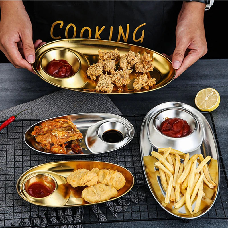 Stainless Steel Food Tray Container Sauce Dish Golden Silver Fried Chicken Fries Spice Plates Kitchen Storage Accessories | Дом и сад