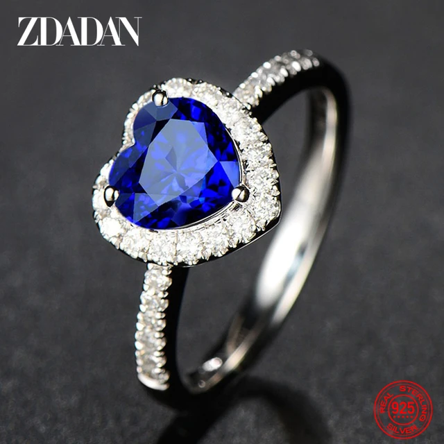 ZDADAN 925 Sterling Silver Heart Blue Gemstone Rings For Women Wedding Jewelry Fashion Gift