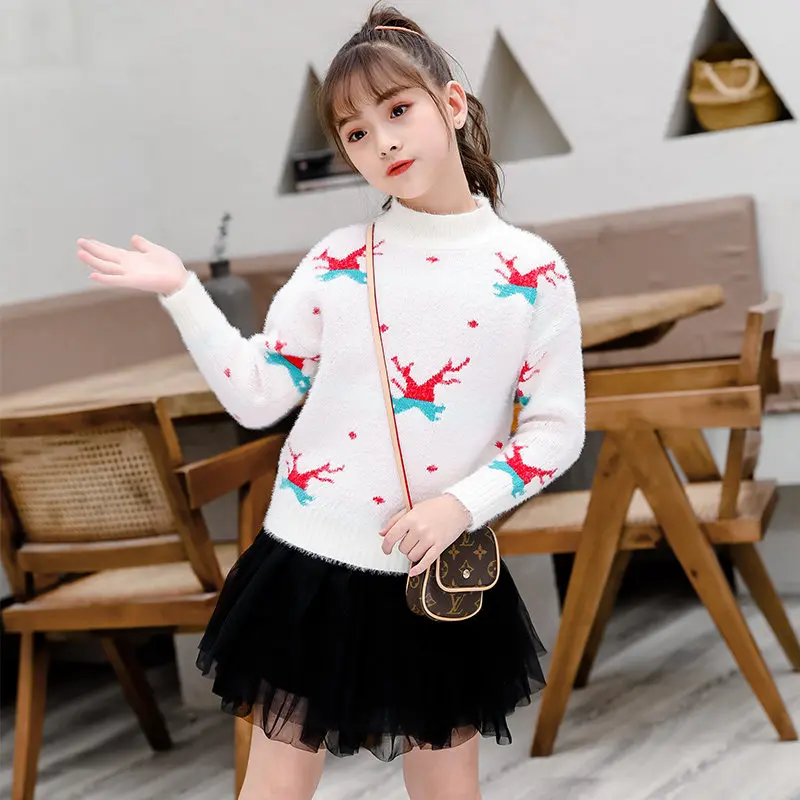 

2019 Christmas Sweater Kids New Cotton Girl Round-neck Knitted Long Sleeve Pullovers Cute Cartoon Christmas Sweater for Big Girl