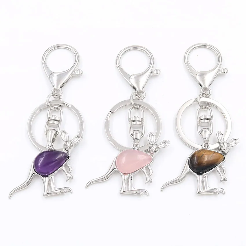 

YJXP Wholesale 10 Pcs Ethnic Style Key Chains Kangaroo Pattern Natural Stones Keychains Keys Holder Cute Animal Jewelry Making