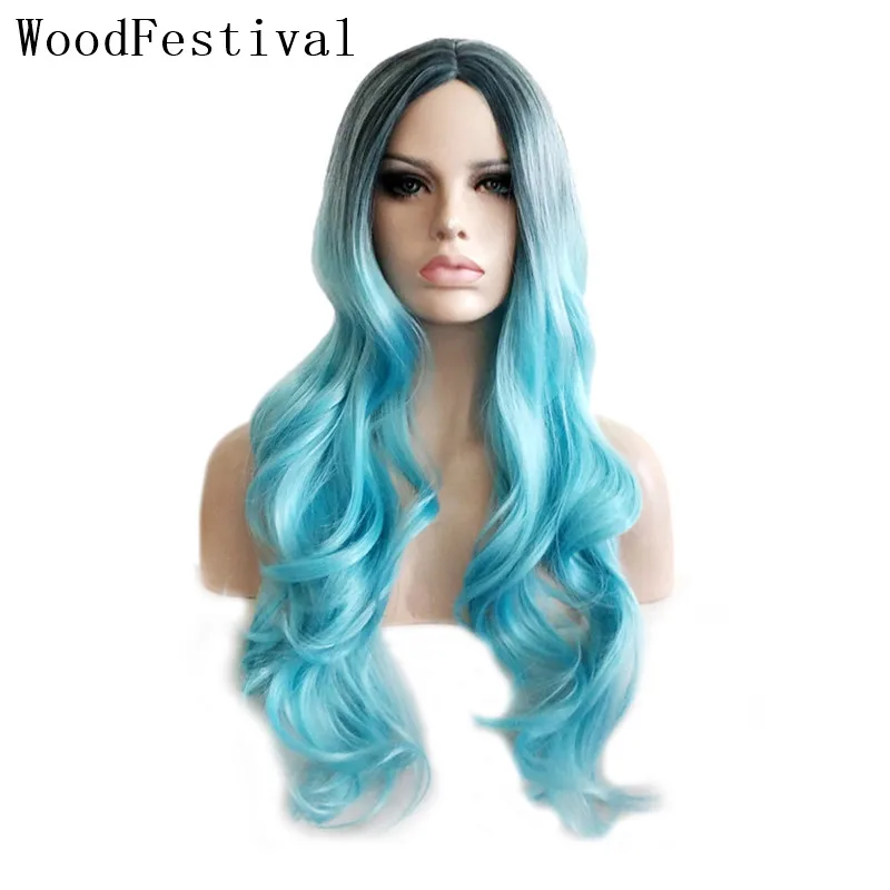 

WoodFestival Women's Wigs for Women Heat Resistant Colored Blue Pink Green Blonde Ombre Wavy Synthetic Cosplay Wig Long hair