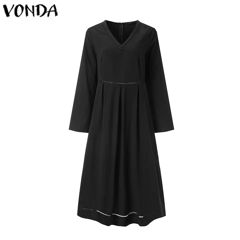 VONDA, женское однотонное Хлопковое платье с длинным рукавом для беременных, повседневное длинное платье с v-образным вырезом и оборками, богемное платье для беременных