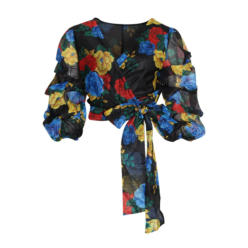 

Puff Sleeve Shirt Blouse V Neck Female Vintage Autumn Fashion Asymmetrical Bow Print Floral Women's Shirts