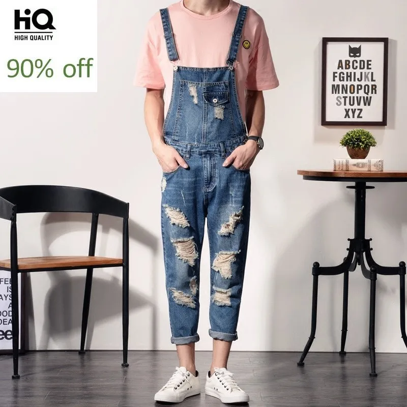 

2020 New Mens Plus Size S-6XL Bib Overalls Fashion Ankle Length Denim Overalls Men Ripped Jeans Male Denim Jumpsuit Trousers