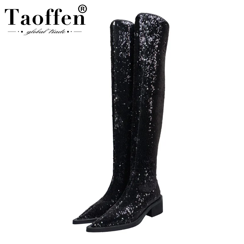 

Taoffen 2020 New Arrival Bling Fashion Over The Knee Boots Pointed Toe Slip On Winter Boots Club Sexy Lady Footwear Size 34-40
