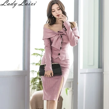 

2019 Winter office OL work 2 Pieces Set Off the Shoulder Slash Neck Tops and High Waist Split Sheath Bodycon Pencil Skirts Suits