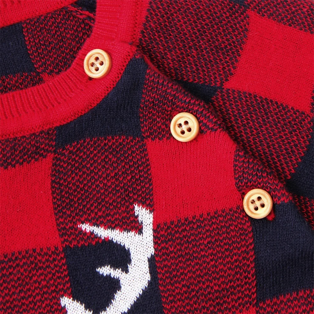 Рождественские вязаные свитера для новорожденных девочек и мальчиков, боди, клетчатый комбинезон с рождественским оленем, комбинезон для детей 0-18 месяцев