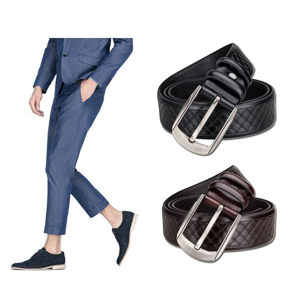 Клетчатые пояса из натуральной кожи для мужчин, повседневный ремень, Ширина 3,5 см, пряжка с пряжкой, черный коричневый пояс, Подарочная коробка, набор Barry.Wang