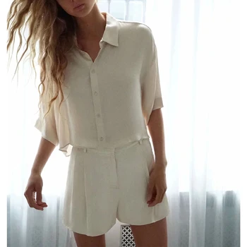 

new summer suits women two piece set flowing satin soft short shirt tops & Glossy bermuda shorts loose wide leg