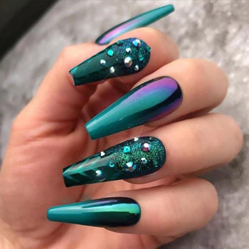 

Extra Long Fake Nails Square Head Green Luxury Rhinestone Decal European Ballerina False Nails Beauty Acrylic Full Nail Art Tips