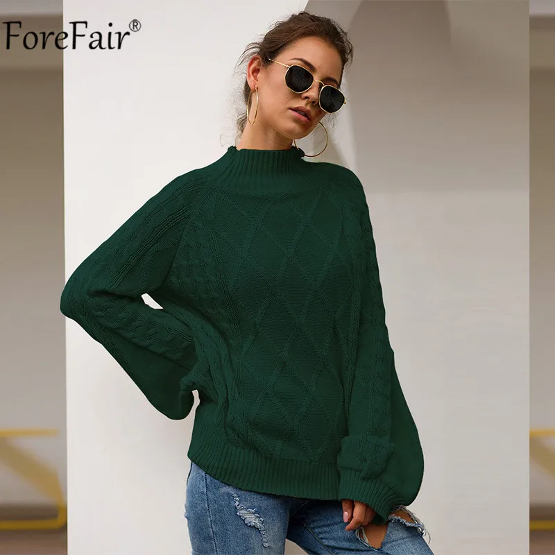 Forefair трикотаж оверсайз женский свитер с высоким воротом Осень Зима Плюс Размер Свободный черный белый пуловер Свитера - Цвет: Зеленый