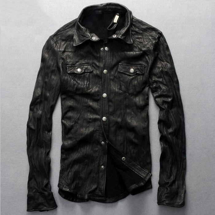Модная новая брендовая мужская кожаная куртка, мужская приталенная рубашка из натуральной кожи, одежда из овечьей шкуры, мужская Тонкая кожаная куртка - Цвет: Черный