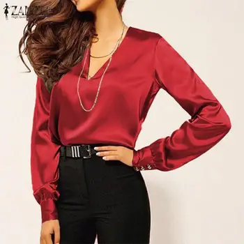 

Stylish Women's Satin Blouse ZANZEA 2020 Casual V Neck Shirts Puff Sleeve Blusas Female OL Silk Top Plus Size Tunic Blusas 5XL