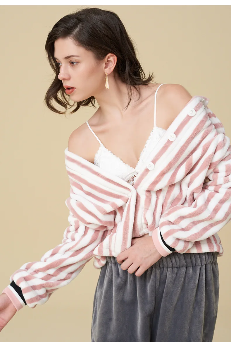 QWEEK Cardigan Loose Comfortable Pyjamas Winter Plus Thick Flannel Pajamas Two Piece Long Sleeve Stripes Women sleepwear
