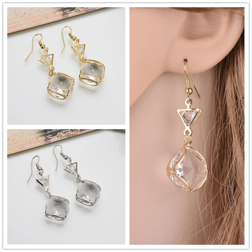 Классические серьги подвески ручной работы с треугольным квадратным стеклом