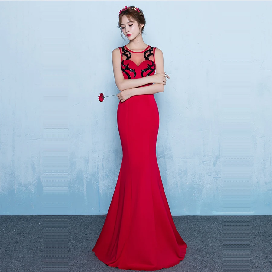 Вечернее платье без рукавов с круглым вырезом для женщин, элегантное вечернее платье в пол с кристаллами, вечернее платье в стиле русалки, вечернее платье C224 - Цвет: Красный