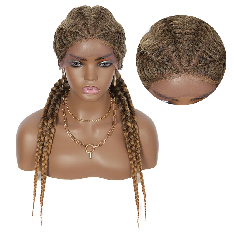 Brinbea 26 Inches Synthetic Hand Braided Lace Front Cornrow Wigs 4 Ponytails Soft Lace Frontal Twist Braided Wigs with Baby Hair