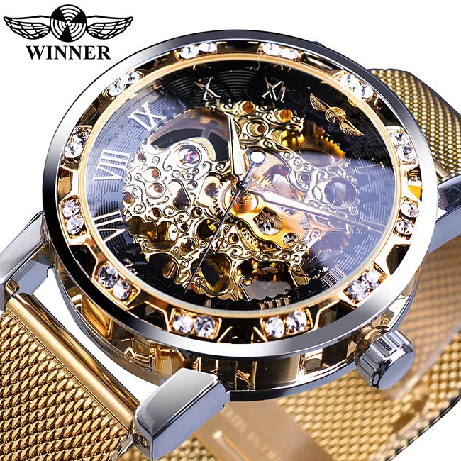 Winner, классические черные часы, механические мужские часы, лучший бренд, роскошные стразы, высокое качество, модные, скелет, Erkek Kol Saati - Цвет: W1089-2