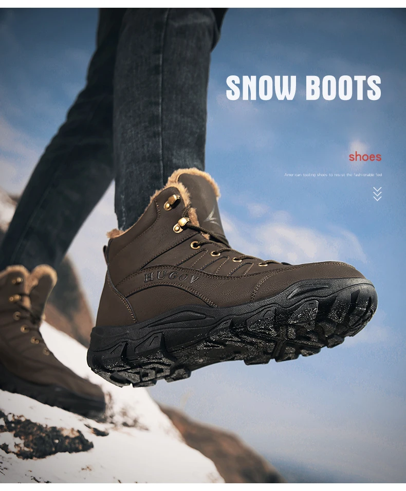 UEXIA Winter Snow Boots Men Casual Cow Split Leather Shoes Motorcycle Comfortable Flat Men Boots Lace-up Shoes Male Ankle Boots