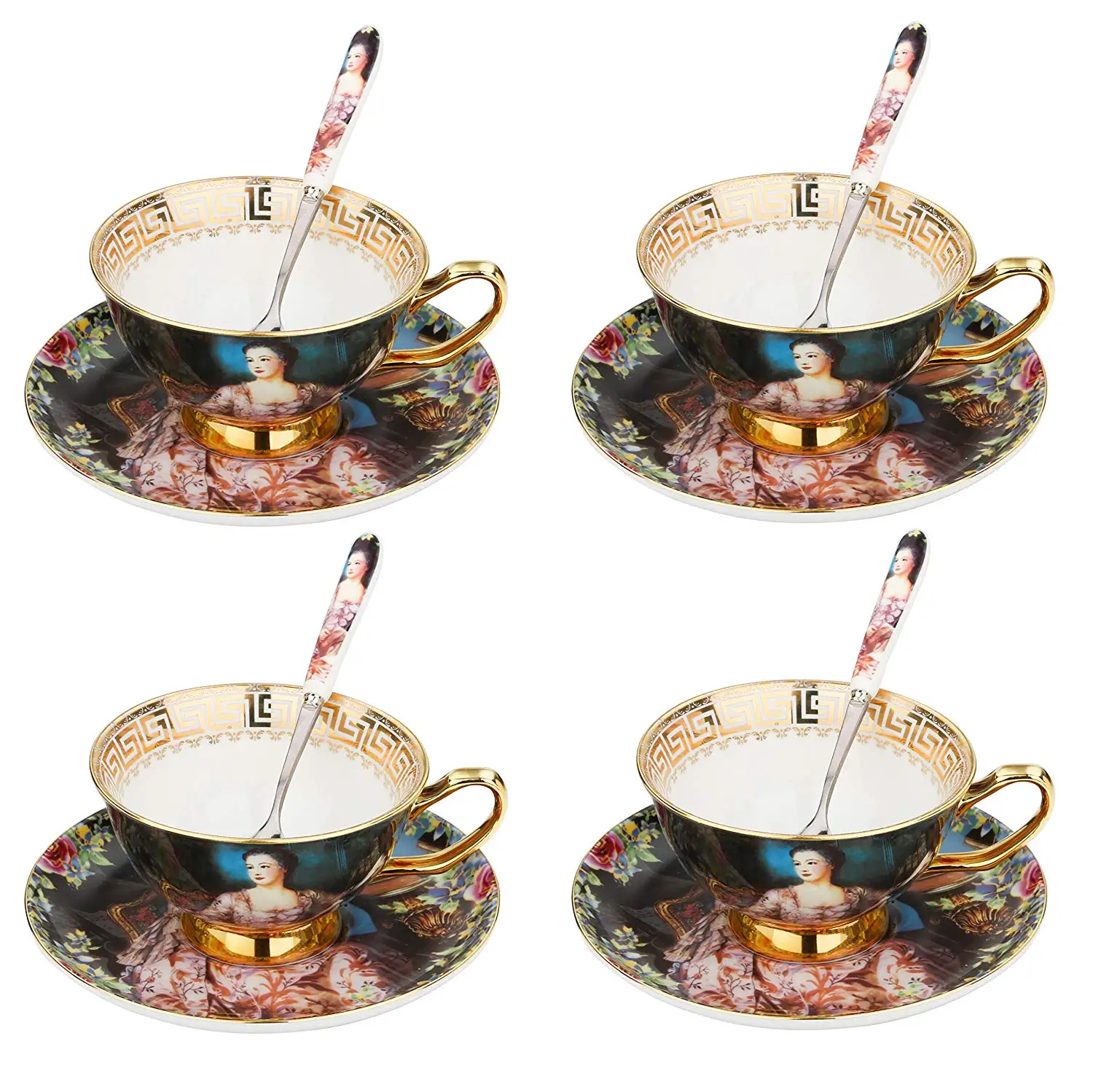 buy ARTVIGOR Queen Oil Painting Coffee Cup Serving Set New Bone China Gold Rimmed Coffee Cup amp;Saucer Gift Sets with Spoon for 4
