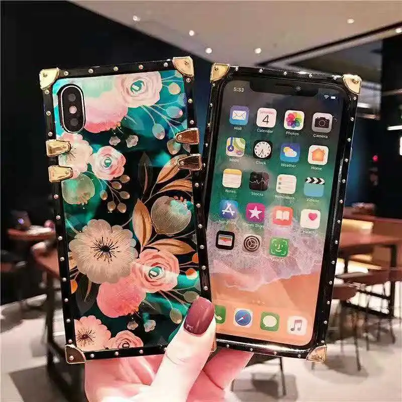 Luxury Blue Ray Flower Rose Square Silicone Holder Phone Case for iphone XR XS Max X 11 6 s 7 8 plus for samsung S9 S10 Note 10 (6)