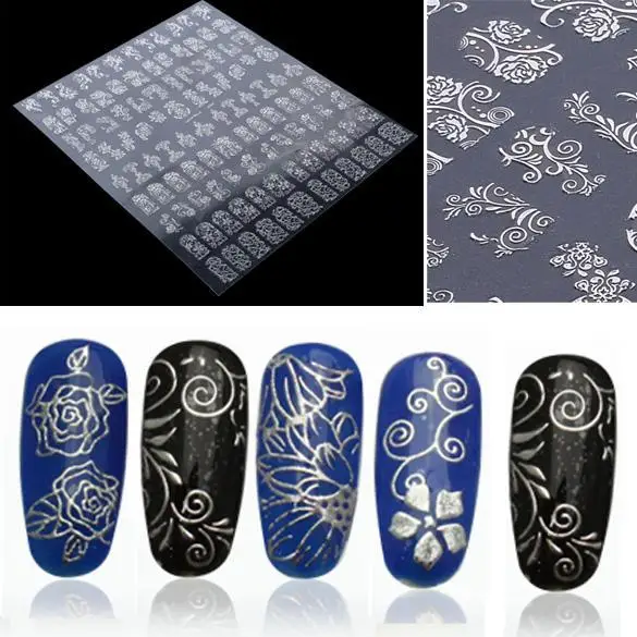 Один лист серебро 3D Цветочный дизайн ногтей наклейки украшения один лист = 108 шт горячего тиснения