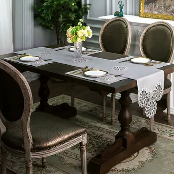 

Solid gray table runner with lace embroidery for home decor and hotel, patchwork dinner table cover