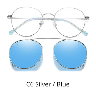 Два Oclock винтажные круглые очки по рецепту, солнцезащитные очки на застежке, очки для вождения, оптическая оправа для очков, круглая металлическая оправа Z17204 - Цвет оправы: C6 Silver-Blue