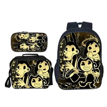 

3Set Bendy and The Ink Machine Full School Bag Backpack Messager Bag Lunch Box Case for Kids Children Boys and Girl Curel Fancl