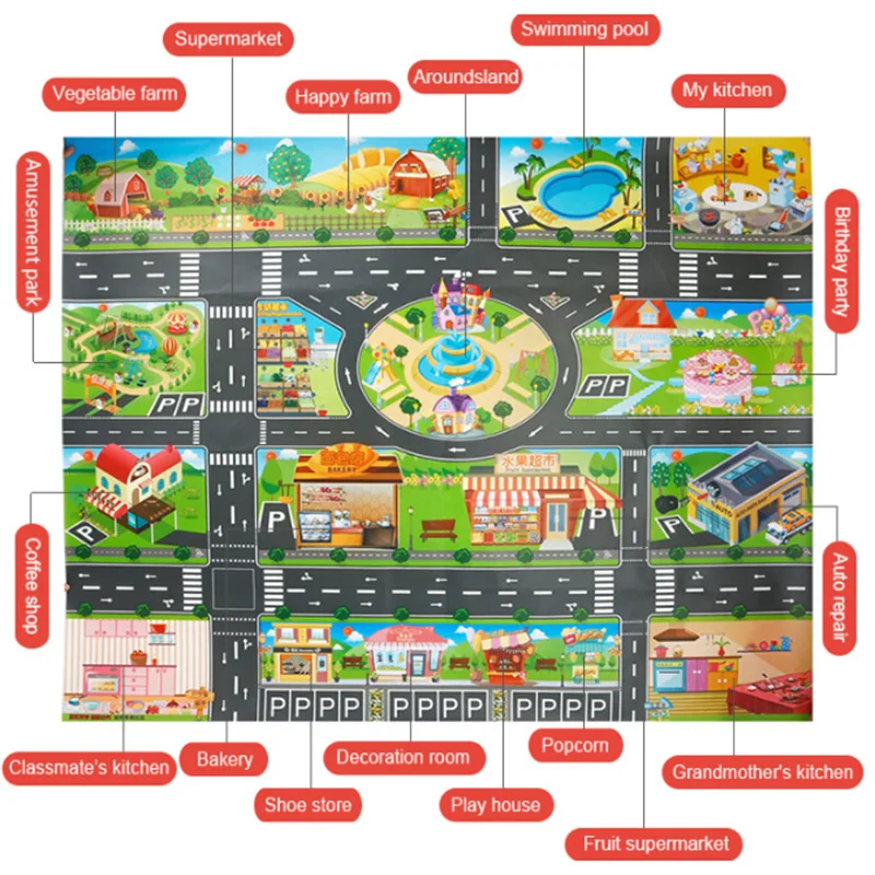 

City Map Car Road Model Mat Game Pad For Educational Interactive Children Kids Waterproof Folding Resistant Toy Car Map