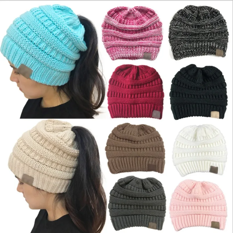 

WZCX 2019 New Solid Color Keep Warm Autumn Winter Horsetail Cap Outdoor Casual Tide Stripe Women Beanie Knitted Hat