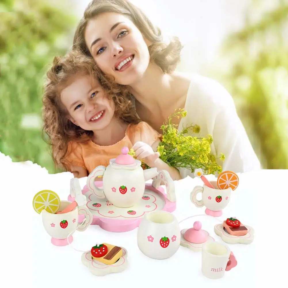 

Wooden Afternoon Tea Pot Cups Spoons Set Intelligence Children Play House DIY Toy Gift