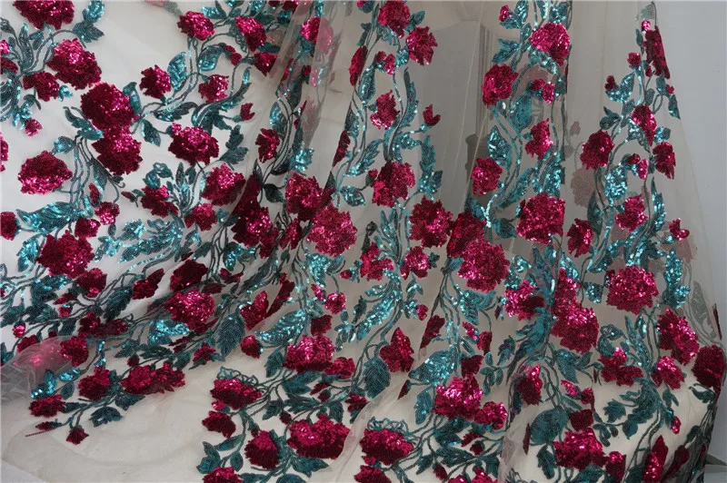 1 ярд розовый блесток Цветочная аппликация Тюль Ткань шикарные мотивы кружевная ткань для юбок, свадебные платья - Цвет: Red