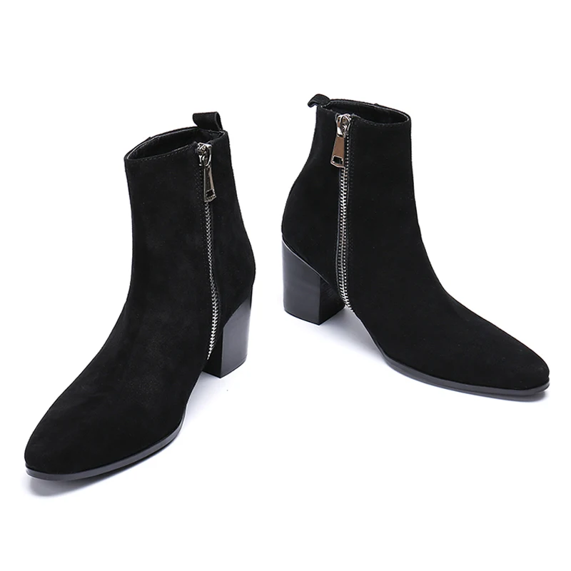Plus Size New Elegant Man High Heels Pointed Toe Handmade Riding Shoes Cow Suede Leather Men's Motorcycle Ankle Boots SL636