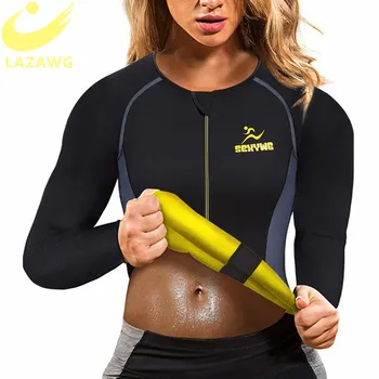 

LAZAWG Women Hot Sweat Weight Loss Shirt Neoprene Body Shaper Sauna Jacket Suit Workout Long Training Clothes Fat Burner Top