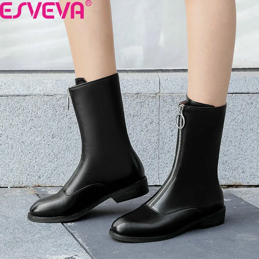 

ESVEVA 2020 PU Leather Round Toe Concise Mid Calf Boots Square Low Heel Front Zipper Autumn Winter Women Shoes Big Size 34-43