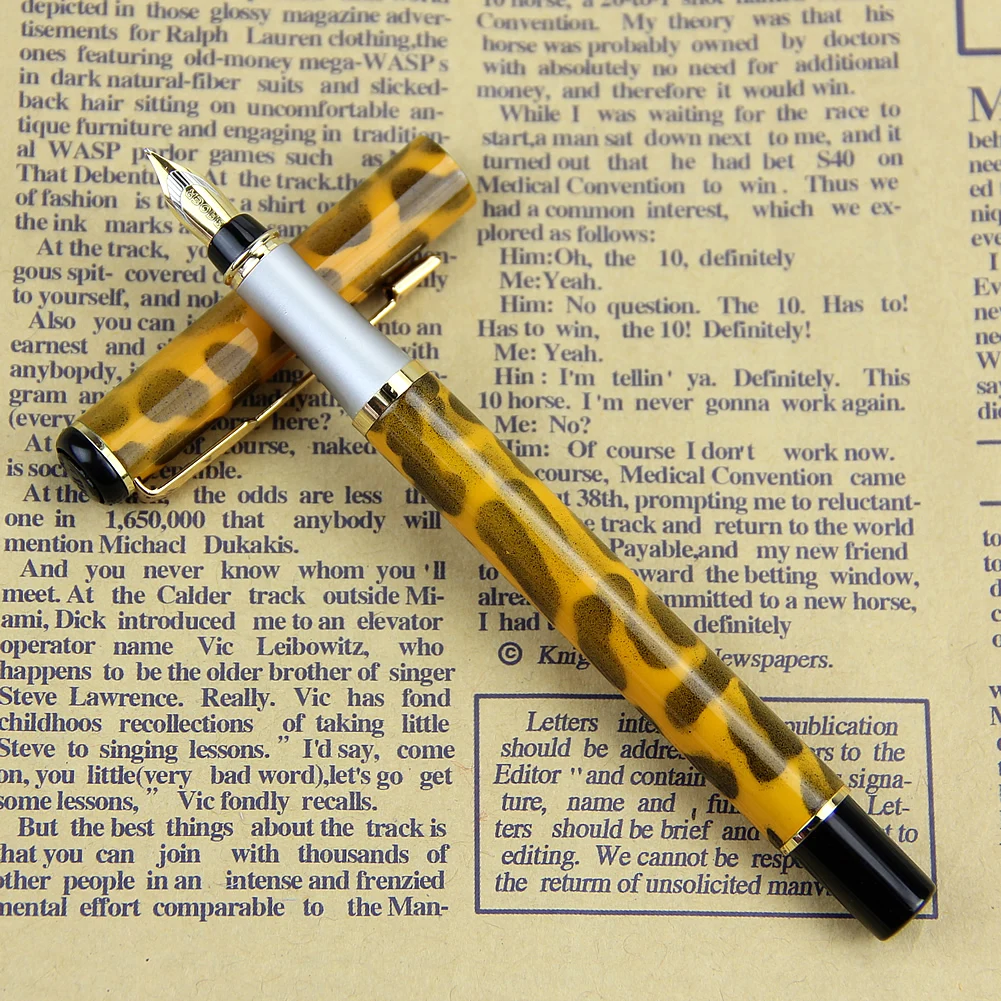 801 MKI Yellow & Black Leopard Print Fine Fountain Pen with Gold Trim Baoer No 