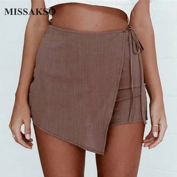

Missakso Women Mini Shorts Irregular Lace Up Beach Holiday Casual New Thin Summer Solid Shorts Black White Khaki
