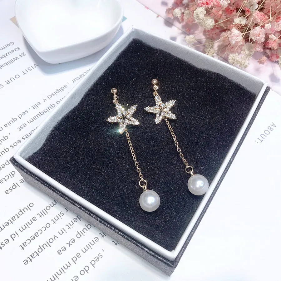 

Korean Five-pointed Star Studded Tassel Pearl Simple and Stylish Earrings Long Earrings for Women Fashion Jewelry Accessories