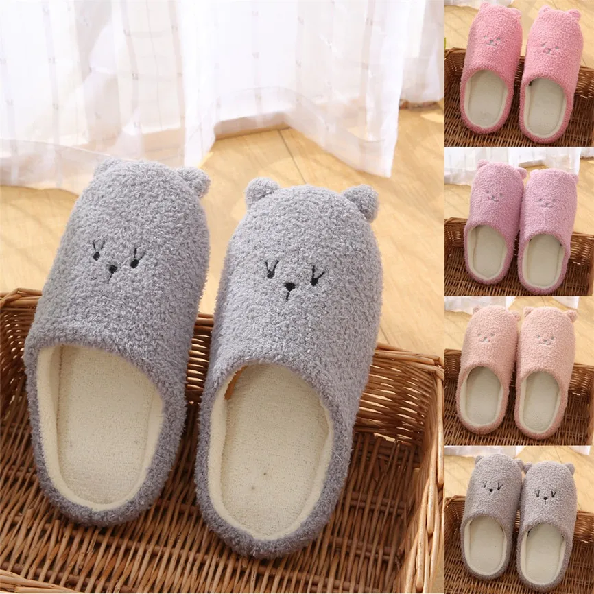 Cute Bear Cotton Slippers Women's Winter House Fur Slippers Slip-On Anti-Skid Female Flat With Soft Sole Shoes Snow Slippers 70