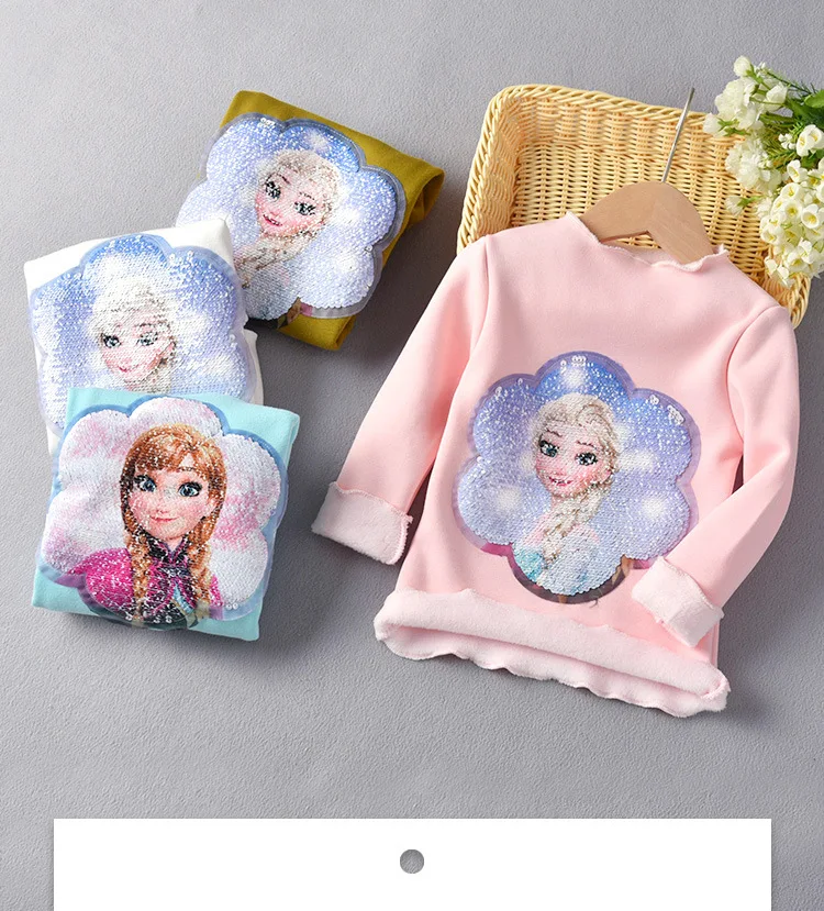 Зимняя рубашка для маленьких девочек; теплая флисовая рубашка с длинными рукавами; рубашки принцессы Эльзы с блестками; топы для детей; модная одежда для маленьких девочек