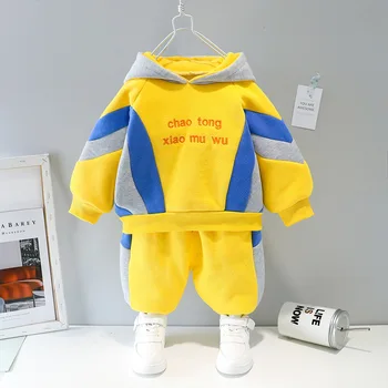 

Winter Hooded Baby Tracksuit Kids Thicken Plush Hoodie+Pants Two Piece Set Patchwork Newborn Clothes Casual Warm Baby Boy Outfit