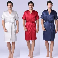 Men Bathrobe Silk Kimono Long Sleeves Robe Home Service Silk Pajamas Men Gown Solid Bathrobe Men Homewear Masculina