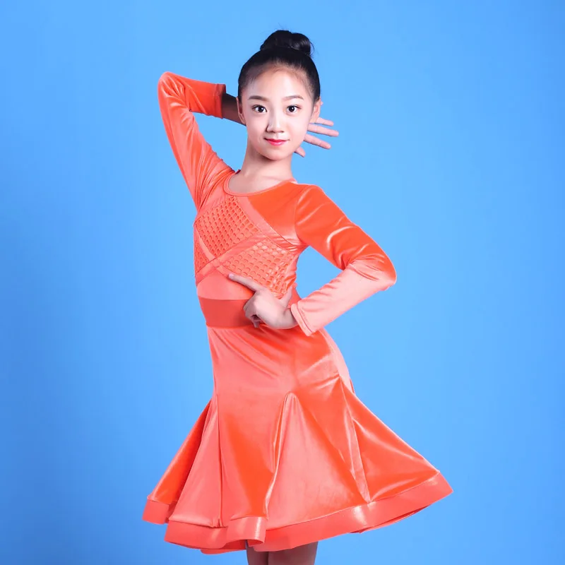 Latin Dance Dress Girls Winter Velvet Long Sleeves Competition Dresses Child Tango Rumba Salsa Cha Cha Samba Dancewear DNV12200