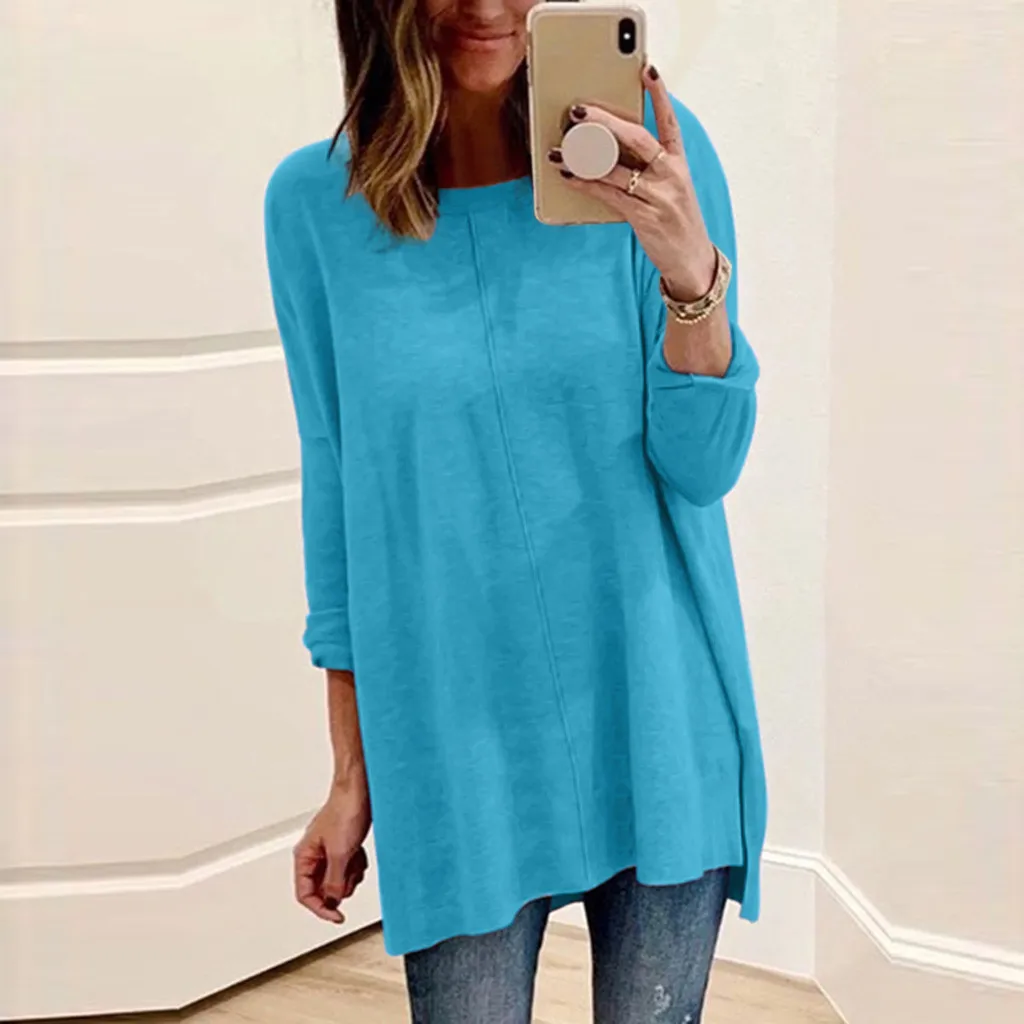 Модная блуза с разрезом размера плюс, повседневная осенне-зимняя женская Свободная блузка с круглым вырезом, женская рубашка с длинным рукавом, блуза, пуловер - Цвет: Blue